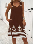 2025 New Women's Vest Skirt Pocket Ethnic Style Fashion Printed V-neck Simple Vacation Beach Mini Dress for Female