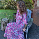 Women Dress Summer Puff SleeveBoho V Neck Printing Long Dress LooseHoliday Beach Female Casual FloralDresses Party Vestidos