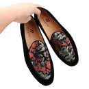 New Black Velvet Thread Dragon Print Satin Belgian Loafers for Men with Leather Tie Handcrafted Moccasin