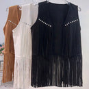 Retro Western Cowboy Style Soft Suede Tassel Vest Spring Autumn Sleeveless Cardigan Women Casual Waistcoat Sweetwear