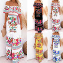 2024 Spring/Summer New Women Retro Fashion One Shoulder Red Flower Printed Waist Collection Long Style Large Swing Casual Dress