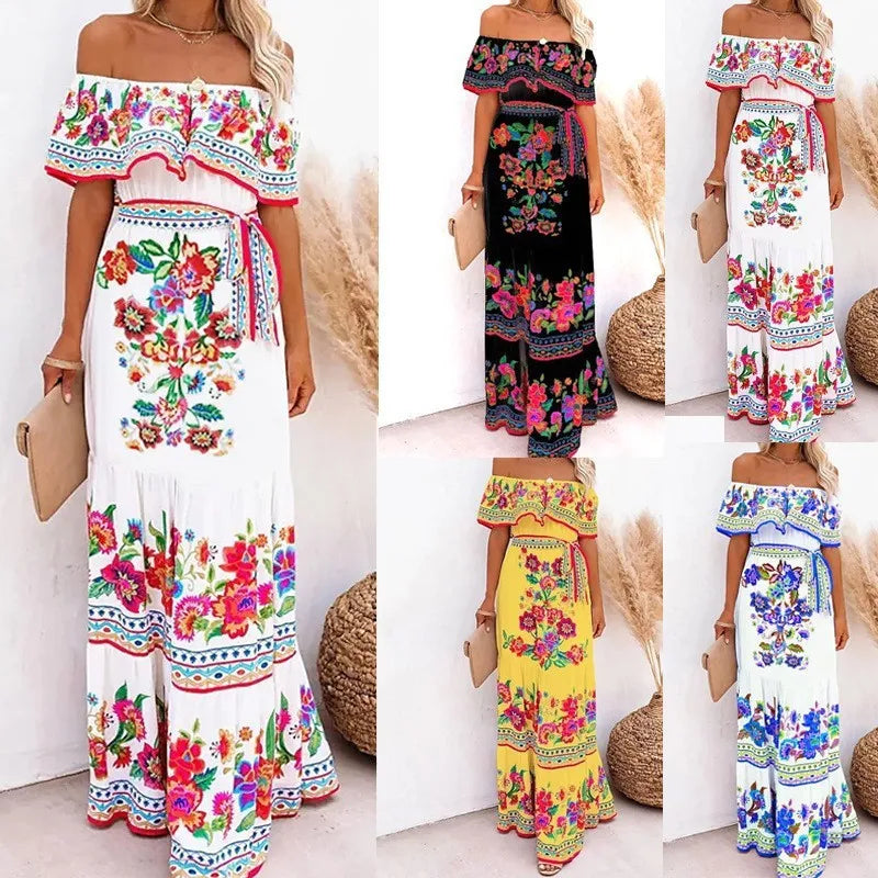 2024 Spring/Summer New Women Retro Fashion One Shoulder Red Flower Printed Waist Collection Long Style Large Swing Casual Dress