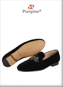 Piergitar Black Color Men Velvet Shoes With Handmade Rhinestones Buckle For Party And Wedding Classic Model Slip-On Loafers