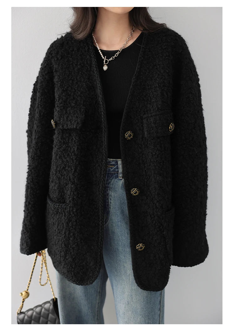 CHIC VEN Women's Woolen Coat Heavy Industry Down Jacket Vintage V-Neck Woman Down Coat Female Tops Autumn Winter 2024