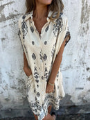 2025 New Women's Shirt Dress Loose Button Cardigan Fashion Printed Short Sleeve Pocket Cotton Linen Blend Vacation Beach Skirt