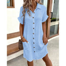 Summer Simple V-neck Button Up Dress Woman Cotton Linen White Short Sleeved Pocket Casual Solid Loose Shirt Mini Dress 2025