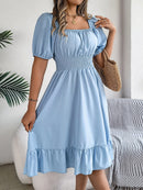2024 New Fashion Solid Puff Sleeve Square Neck Ruched Bust Ruffle Hem Wasit Dress, Women's Clothing