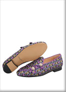 Men's slip-on monk shoes with gold buttons and a violet color silk heart jacquard, made by hand.