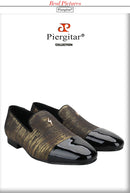 Piergitar 2023 New Three Colors Striped Silk Men's Loafers With Front Patent Leather Handmade Moccasins For Party And Banquet