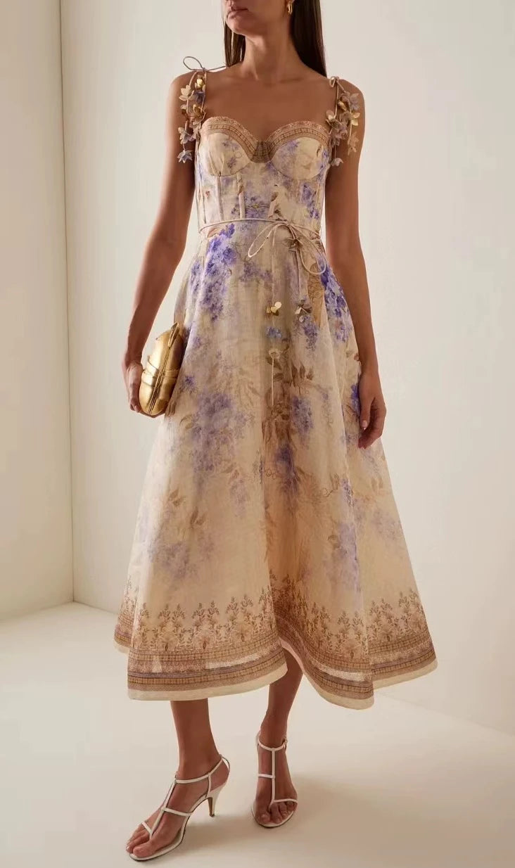 2025 New French High Quality Luxury Chic Dress Appliques Floral Print Spring Summer Strapless Women Holiday Spaghetti Midi Dress