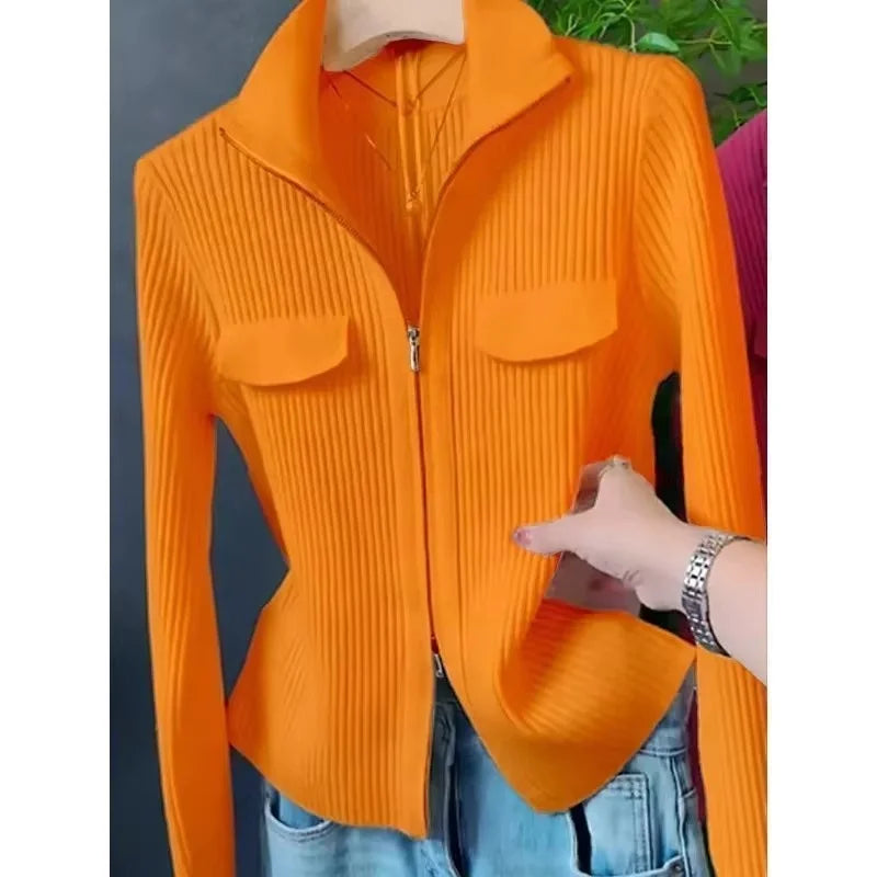 Spring Autumn Women Knitted Sweater Cardigan Short Jacket 2025 New Korean Fashion Zipper Solid Turn-Down Knit Coat Female Tops