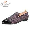 Piergitar Flash Purple Sequined Canvas Slippers With Patent Leather Toes Handmade Men Moccasins For Party And Wedding Plus Size