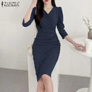 ZANZEA Summer Fashion Womens Dress Sexy Solid Color Knee Length Bodycon Sundress Elegant 3/4 Sleeve V-Neck Work OL Vestidos 2025