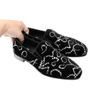 Piergitar Black Velvet And Octodandelion Strass Loafers Luxury Brand Same Design Red Bottom Handmade Crystals Men's Moccasins