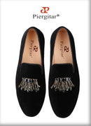 Piergitar Black Color Men Velvet Shoes With Handmade Rhinestones Buckle For Party And Wedding Classic Model Slip-On Loafers