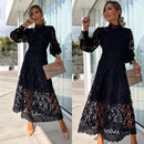 Spring New French Lace Standing Neck Bubble Sleeves Wrapped Waist for Slimming Dress, Elegant European and American Long Dress