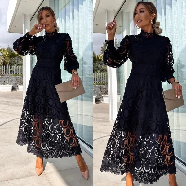 Spring New French Lace Standing Neck Bubble Sleeves Wrapped Waist for Slimming Dress, Elegant European and American Long Dress