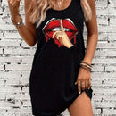 Women's Black Sleep Tank Dress Red Lips Women's Black Tank Top Dress Summer Sleeveless Loose and Comfortable Soft Vacation Punk