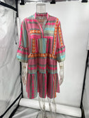 Women V Neck Three Quarter Sleeve Pullover Dress