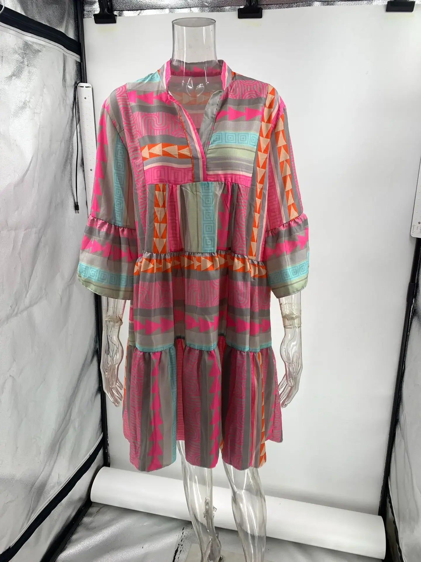 Women V Neck Three Quarter Sleeve Pullover Dress