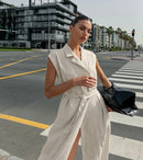 2025 Autumn New Style Commuter Long Skirt For Women Elegant Fashionable Solid Color Lapel Sleeveless High Waist Lace-up Dress