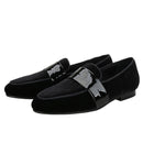Classic Black Velvet Slip-On Men Shoes with Patent Leather Cross Strap Loafers for Fashion Party Wear