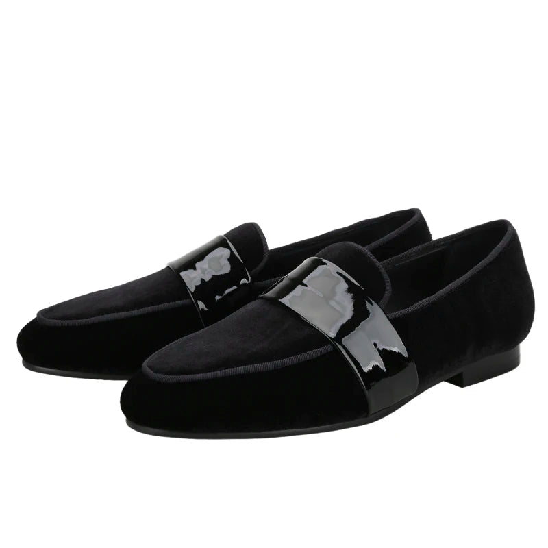 Classic Black Velvet Slip-On Men Shoes with Patent Leather Cross Strap Loafers for Fashion Party Wear
