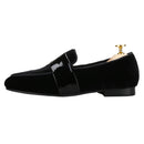 Classic Black Velvet Slip-On Men Shoes with Patent Leather Cross Strap Loafers for Fashion Party Wear