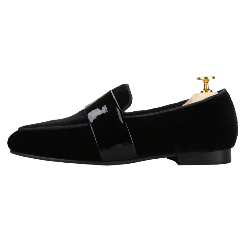 Classic Black Velvet Slip-On Men Shoes with Patent Leather Cross Strap Loafers for Fashion Party Wear