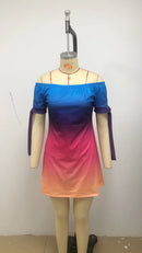 3XL Women's Casual Gradient Off Shoulder Short Sleeve Dress Bow Print Mini Dress