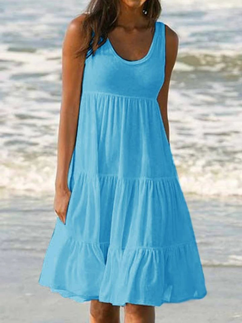 Women Causual O Neck Sleeveless Ruffles Mini Dress Boho Solid Beach Sundress Oversized Loose Dress 2023 Summer