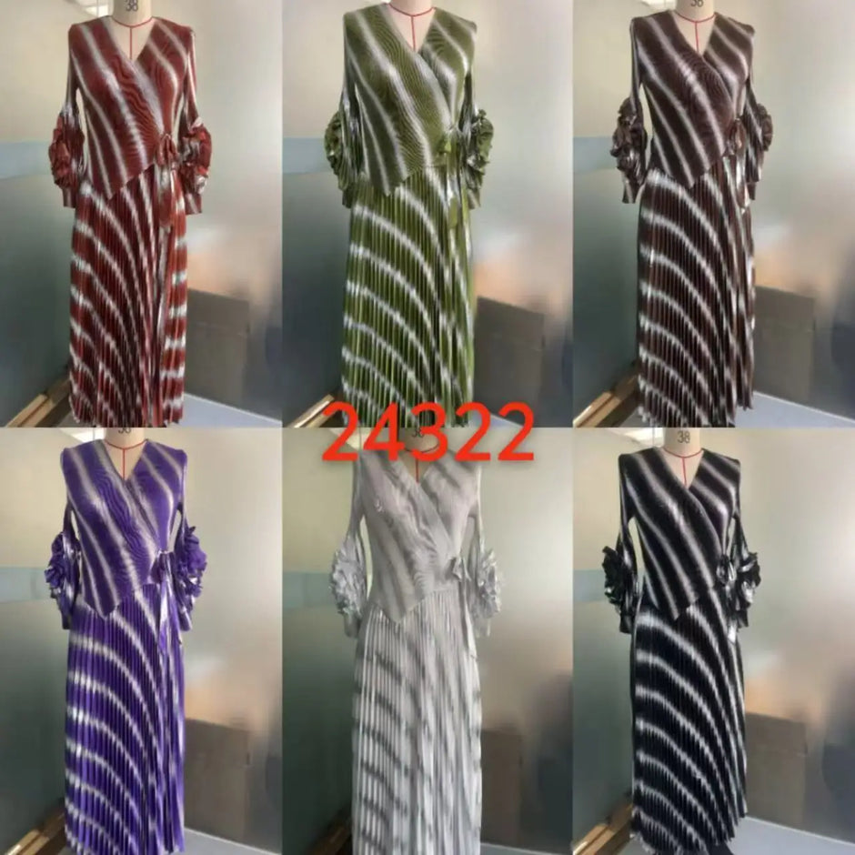 Miyake Pleated New Wholesale V-neck Long-sleeved Hand-cranked Flower Bronzing Waist African Women's Dress Miyak