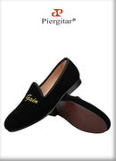 Piergitar BLack Velvet Men Moccasin With Gold Personality Letters Embroidery For Banquet And Party Handmade Slip-On Loafers