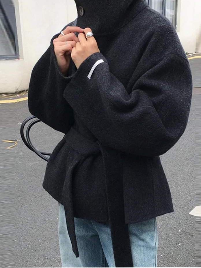 Street Women's Belt Stand Collar Woolen Coats Chic Single Breasted Full Sleeve Jacket 2025 Autumn Winter Lady Commute Outwear