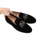 Piergitar Black Color Men Velvet Shoes With Handmade Rhinestones Buckle For Party And Wedding Classic Model Slip-On Loafers