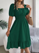 2024 New Fashion Solid Puff Sleeve Square Neck Ruched Bust Ruffle Hem Wasit Dress, Women's Clothing