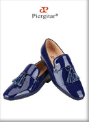 Piergitar 2024 New Model Royal Blue And Black Patent Leather Men's Tassels Shoes For Fashion Party Handmade Slip-On Loafers