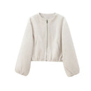 TRAF Outerwears Cropped Bomber Jacket Women Autumn Long Sleeve Faux Wool Coats For Woman Winter Zip Up Gray Beige Short Coats