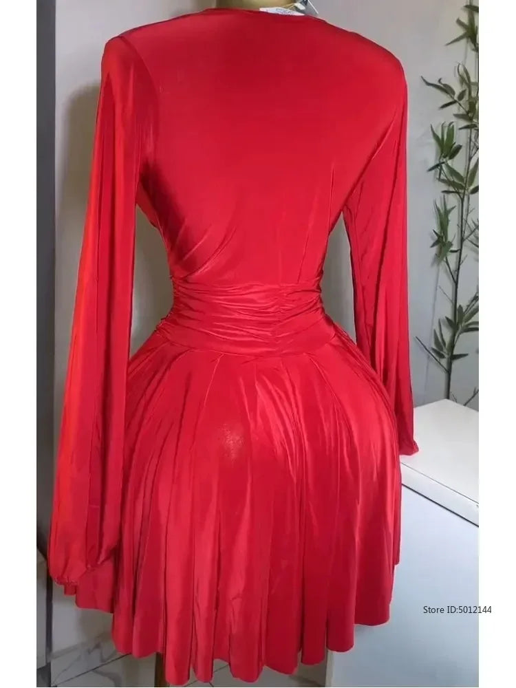 Women's Short Skirt Mini dress Ruched Lantern Sleeve