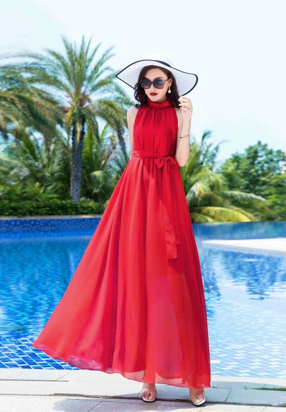 Sleeveless Chiffon Maxi Satin Long Silk Dress