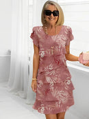 2025 Spring Chic Floral Print Chiffon Dress Woman Elegant Crew Neck Tierred Pleated Dress Summer Short Sleeve A-Line Party Dress