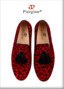 Piergitar Red And Black Animalier-Printed Superior Velvet Slippers With Handmade Silk Fringed Tassels Slip-On Men's Loafers