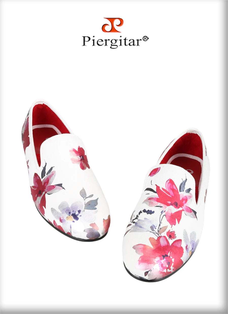 Piergitar White Color Fabric Of China Oil Painting Style Men's Loafers For Fashion Party And Wedding Handmade Slip-On Flats