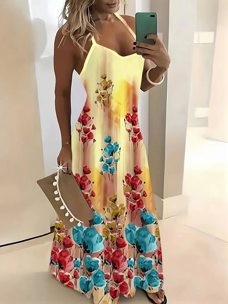 Summer Fashion Loose Women's Long Dress Colorful Botanical Flower Print V-Neck Print Casual Long Dress Bohemian Beach Dress