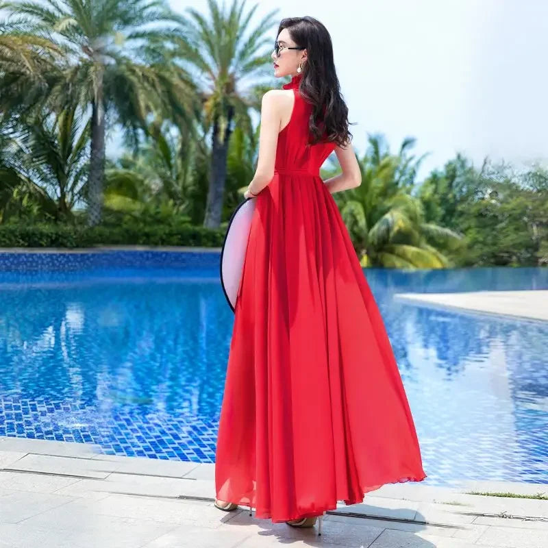Sleeveless Chiffon Maxi Satin Long Silk Dress