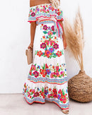 2024 Spring/Summer New Women Retro Fashion One Shoulder Red Flower Printed Waist Collection Long Style Large Swing Casual Dress