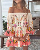 Sexy Slash Neck Long Flare Sleeve Floral Print Mini Dress Summer Women Boho Party Vestidos NMD-6650