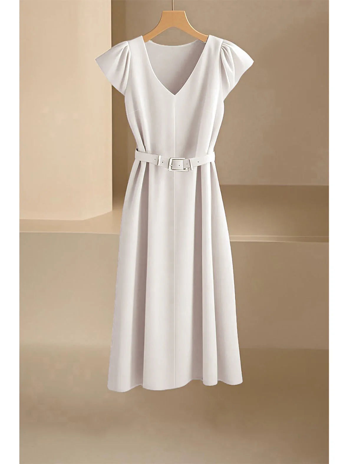 2024 Spring Summer Women's V-Neck Midi Dress Soft Stretch Office Casual Chic Solid Color No Belt Included
