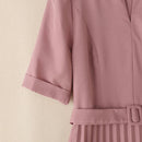 Summer Dress Women V-neck Short Sleeve Solid Pleated