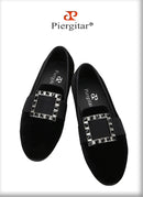 Piergitar Black And Silver Rhinestones Square Buckles Men Velvet Shoes For Wedding Or Party Handmade Slip-On Loafers Plus Size